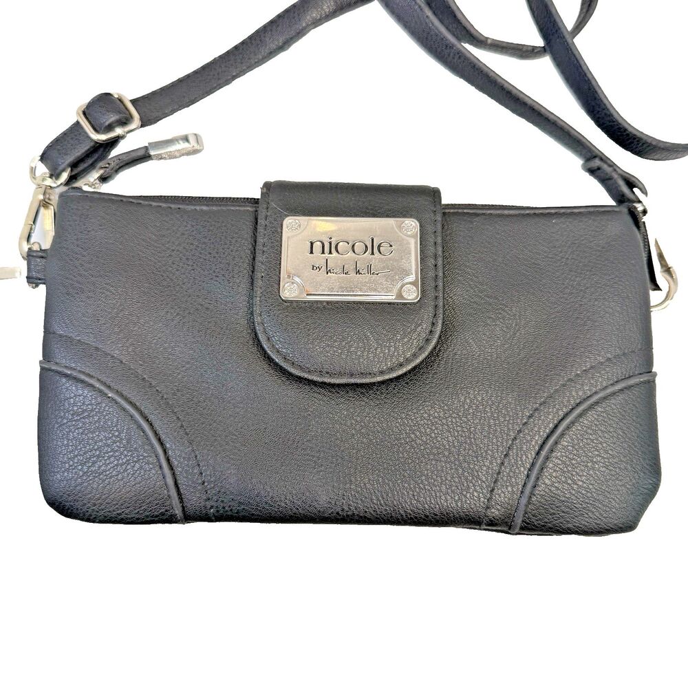 Nicole Miller Black Crossbody Wristlet Bag 3 Zip Sections Adjustable Strap EUC - Picture 3 of 15